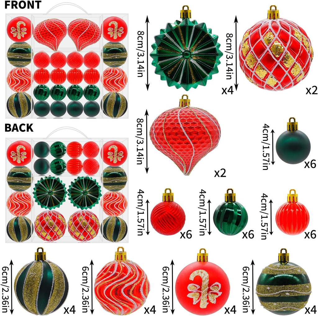 48PCS Christmas Balls Ornaments Set, 3.15 Inch Plastic Green and Red Christmas Baubles Hanging Balls for Xmas Tree Decorations