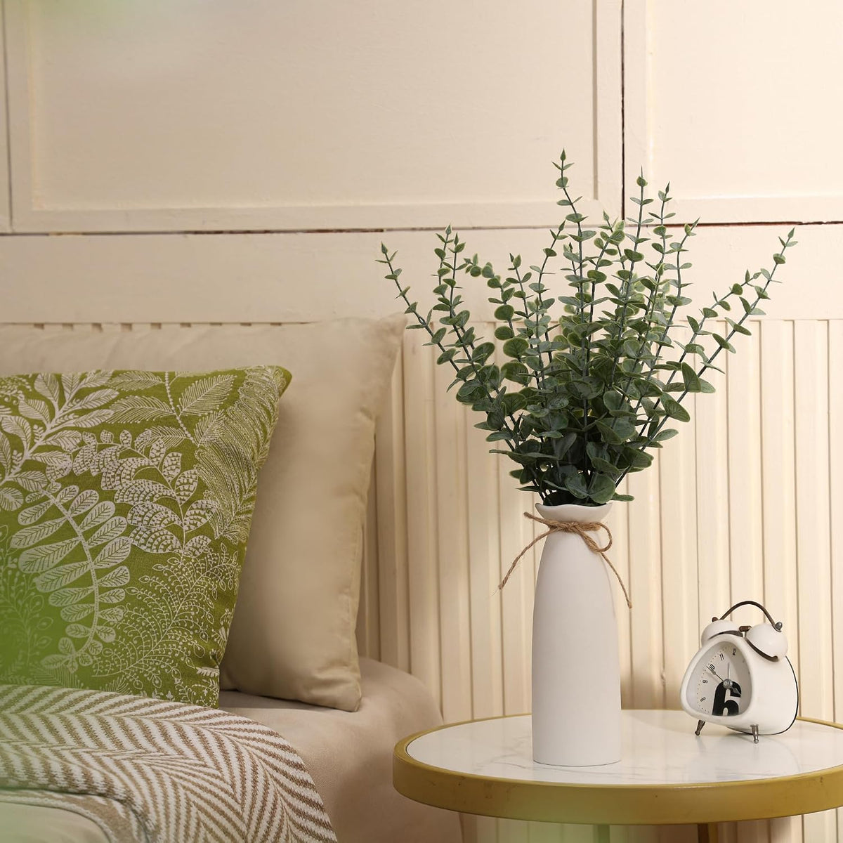 Vase with Greenery, 20pcs Artificial EucalyptusStems in White Vase, Boho Home Decor Plant, 19" Decorative Fake Plants for Home Farmhouse Mantle Centerpiece Decor