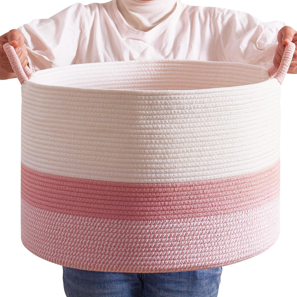 CLHMILY&Z Large Cute Pink Basket - 20x13 Inches - Blanket Hamper for Living Room, Round Storage Bin, XLarge Laundry Organizer for Clothes, for Tree Plant, Mix Brown