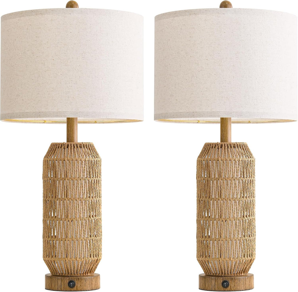 OYEARS 25" Table Lamps Set of 2 with Night Light,Bedside Lamps for Bedroom,Boho Lamps with USB C+A Charging Ports,Farmhouse Table Lamp with Rattan,Frosted Glass,Linen Shade (Wood Grain,Bulb Included)