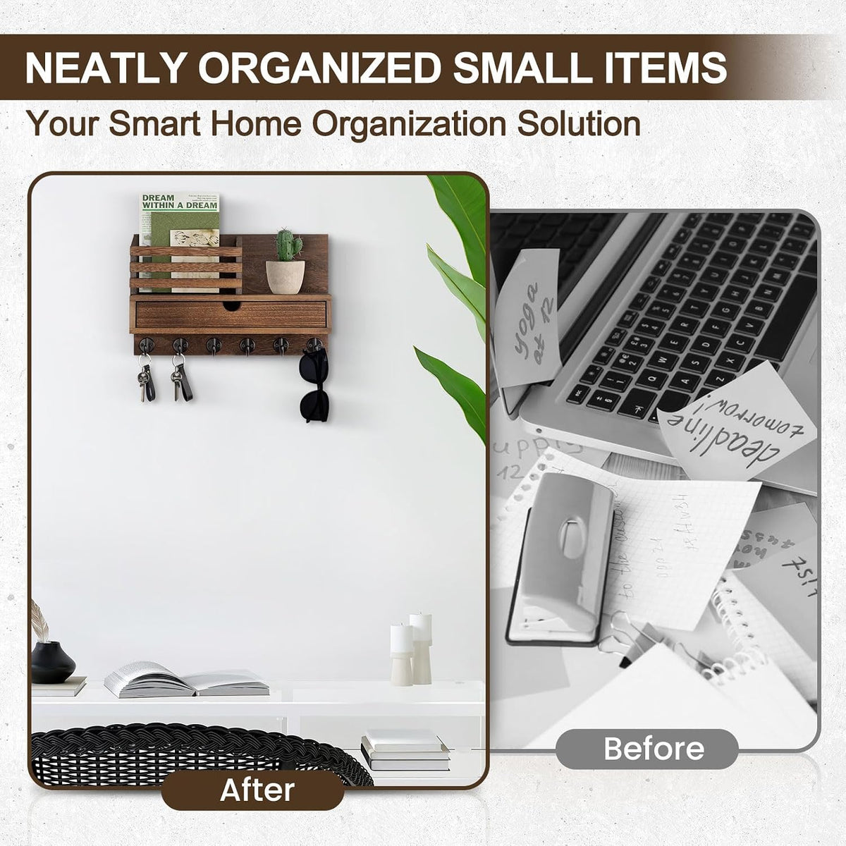 Key Holder Wall Mount, Mail Holder with Storage Drawer