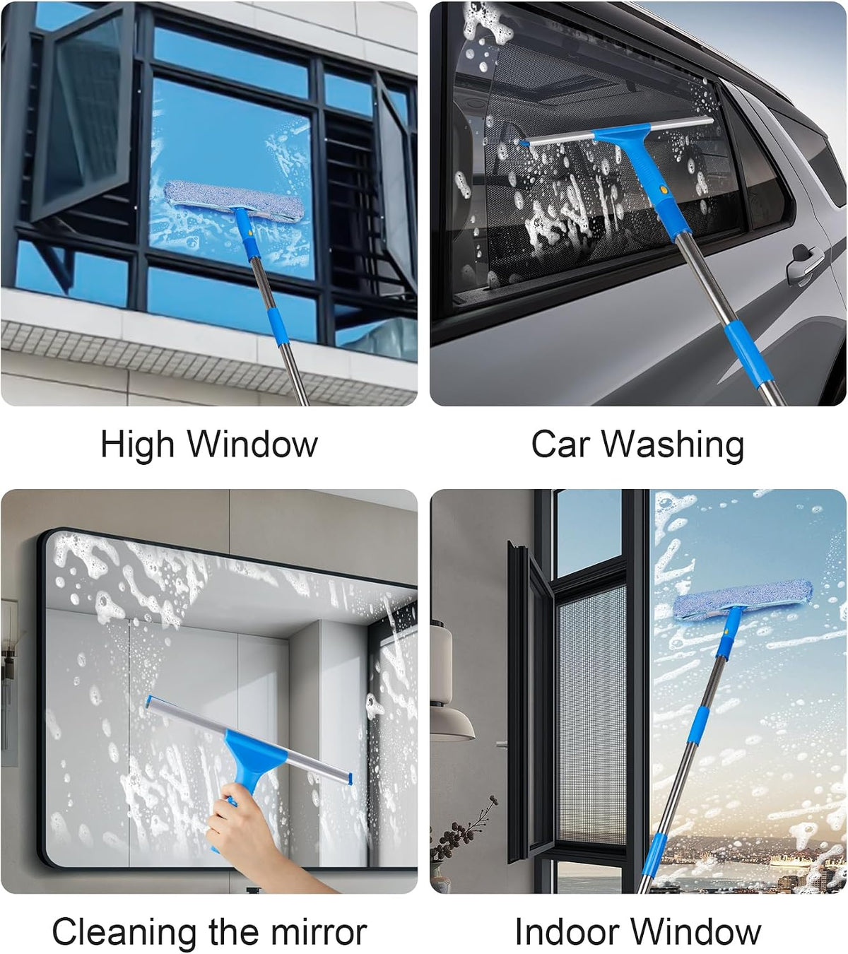 Window Squeegee Cleaner with 4 Stainless Steel Extension Poles, 58inch Long Reach, Scrubber, Glass Scraper, Bendable Duster, 2 Scrubber Cloth for Window, Car, Professional Cleaning Kit