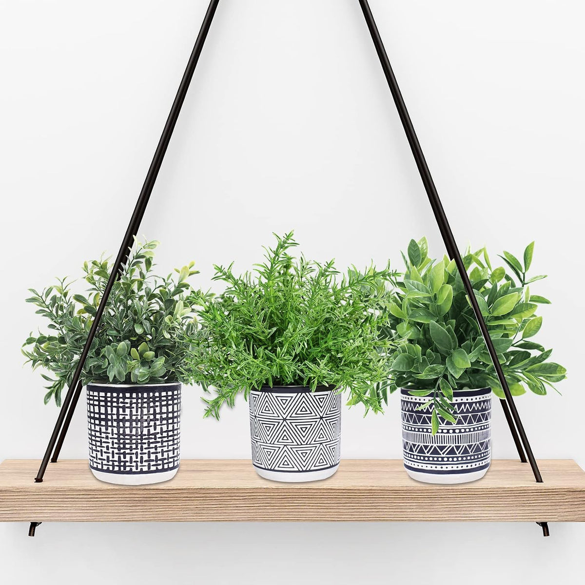 Winlyn Set of 3 Small Potted Plants Artificial Eucalyptus Rosemary Boxwood Plants in Black and White Geometric Pots for Table Centerpiece Kitchen Counter Windowsill Indoor Outdoor Garden Greens Decor