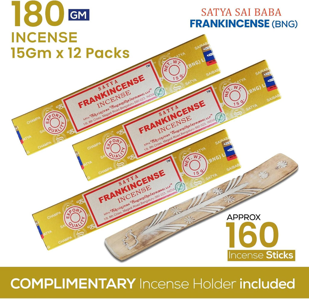 Satya Frankincense Sticks Incense Sticks, Satya Bng Insenses 15gmx12 Pack with Raajsee Incense Holder Bundle, Satya Nagchampa Natural Incense