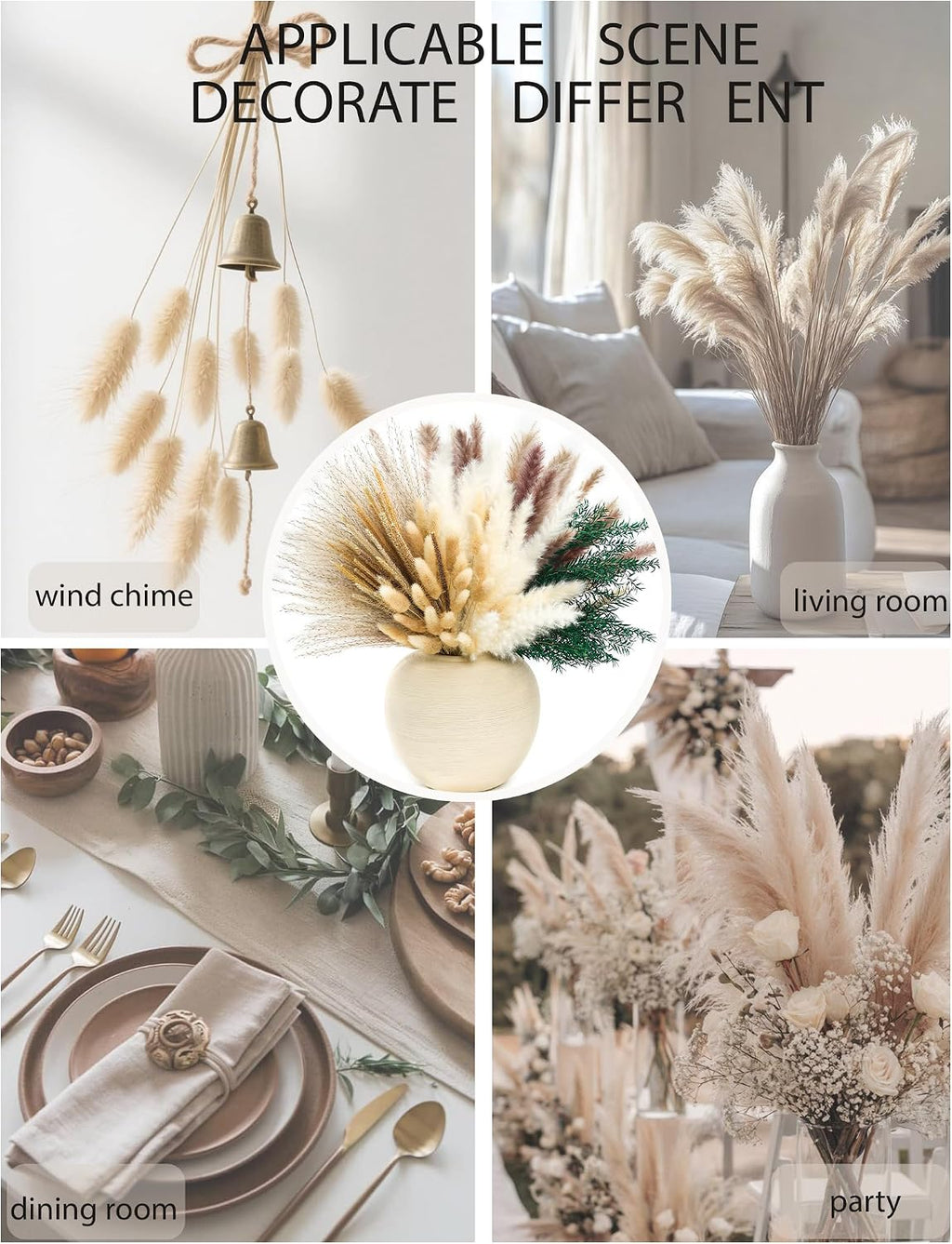 xin's convey 100 PCS Pampas Grass (Vase Not Included), Dried Flowers Bouquets, Wedding Table Decor, Bedroom, Rustic Farm Decor.(Green)