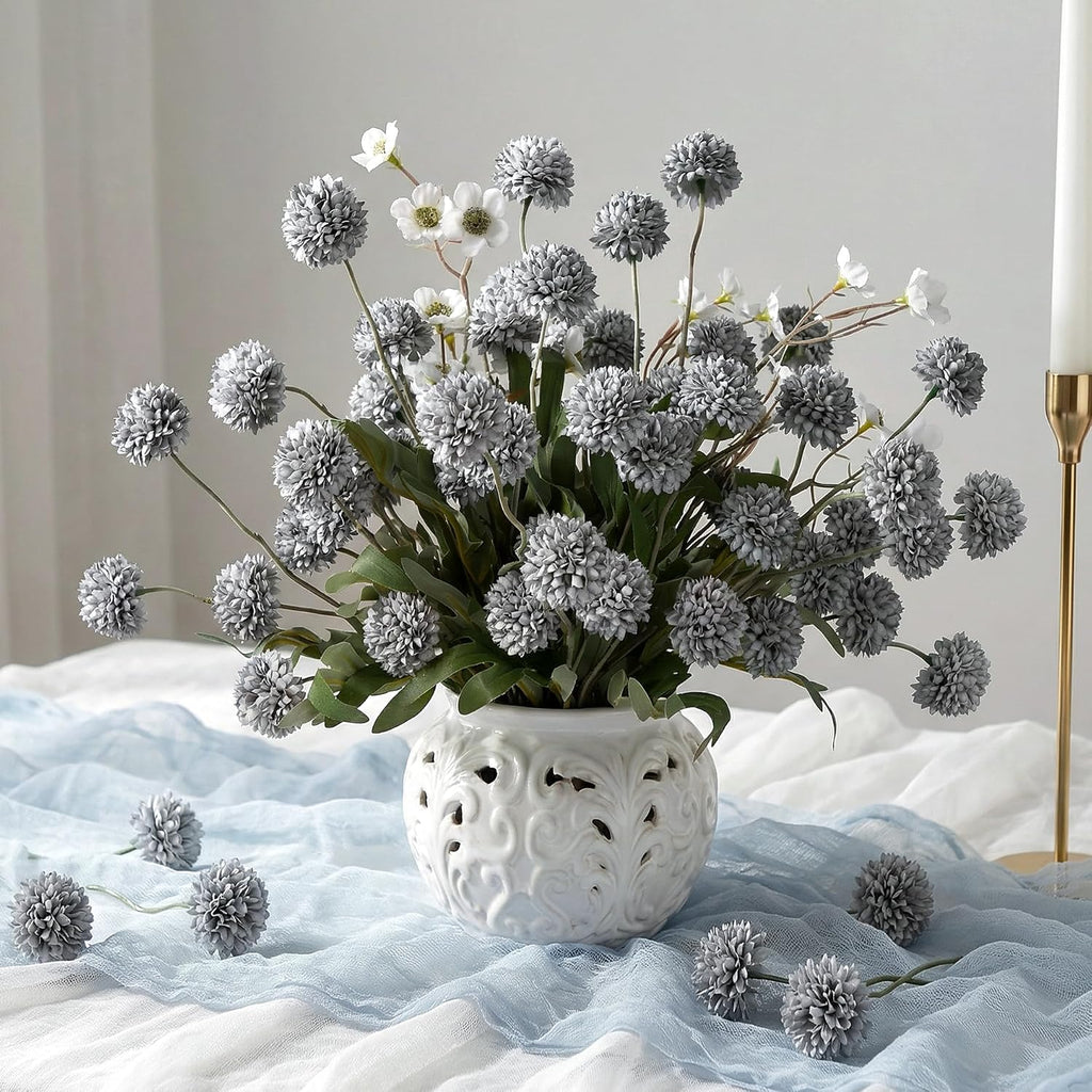 Mixed 10 Pcs Artificial Pompon Mum Set-8 Chrysanthemum & 2 White Daisy, Blue Silk Faux Flower for Vase Fall Floral Arrangements Wedding Centerpiece DIY Home Indoor Outdoor Decor (No Vase)