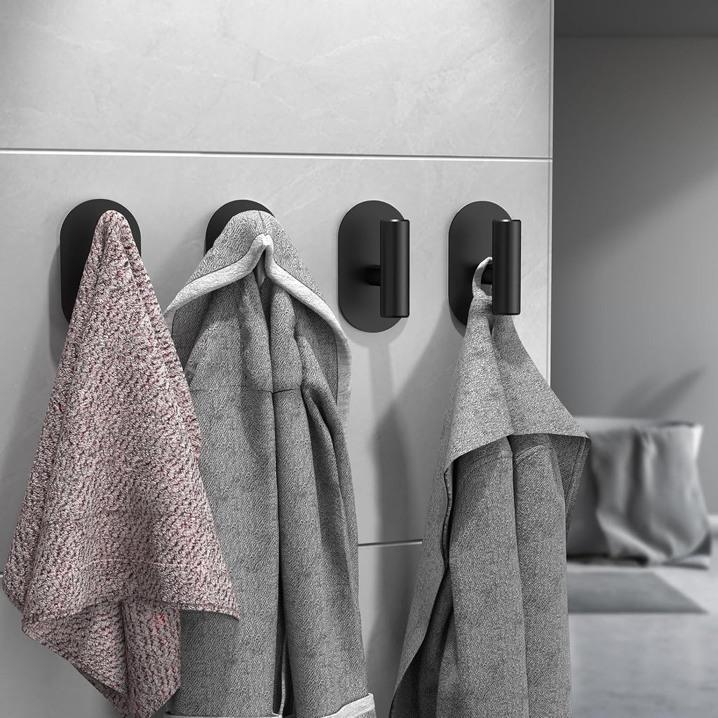 Aikzik Black Adhesive Hooks Heavy Duty, Wall Hooks for Shower, Bathroom, Towel, Coat, Robe, Stainless Steel Hooks for Hanging, Waterproof & Rustproof Sticky Hooks for Walls No Damage- 2 Pack