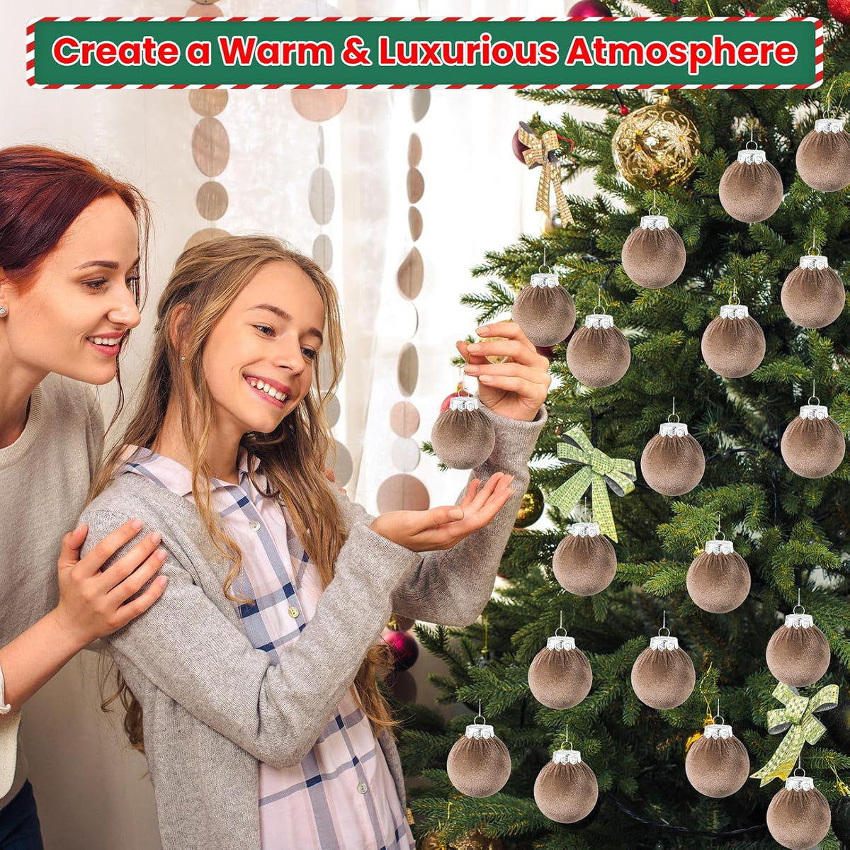 Velvet Christmas Balls Set 30pcs Champagne Velvet Christmas Tree Ornaments Shatterproof Xmas Hanging Balls Decorative Hanging for Xmas Holiday Family Home Store Indoor Decor 2.4inch