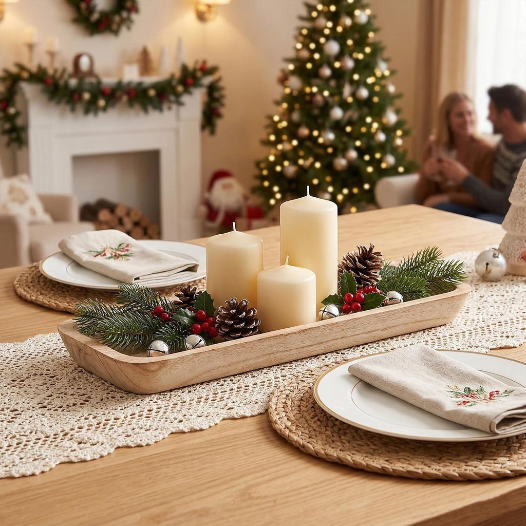 16" Decorative Bowls for Home Decor, Long Wooden Dough Bowl for Home Decors, Decorative Wood Dough Bowls, Rustic Farmhouse Decoratives Bowl Long Narrow Wooden Tray for Dining Table Decors Centerpiece