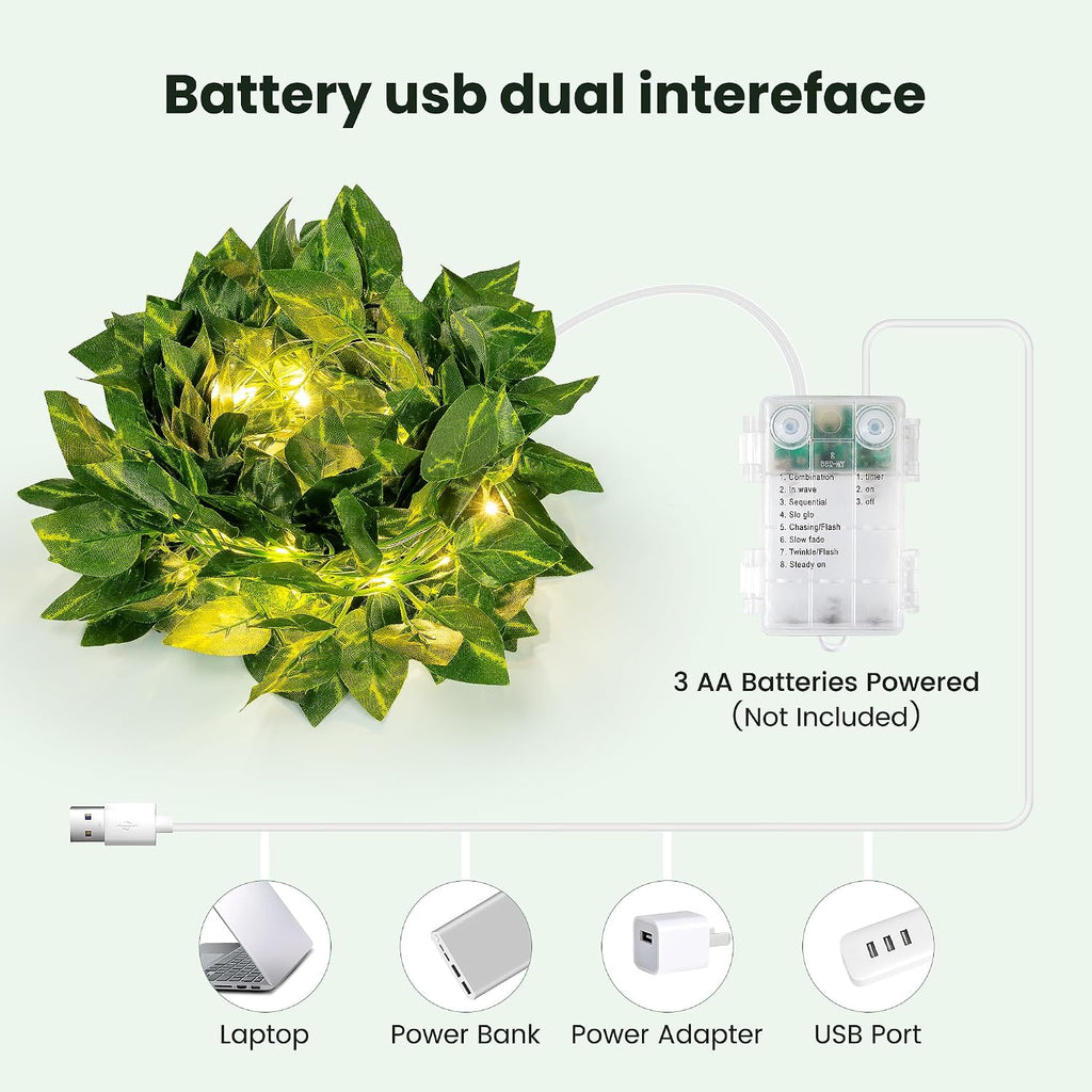 HEYFUNi 23ft Pre-Wrapped Pothos Vine with Fairy Lights USB Battery Operated