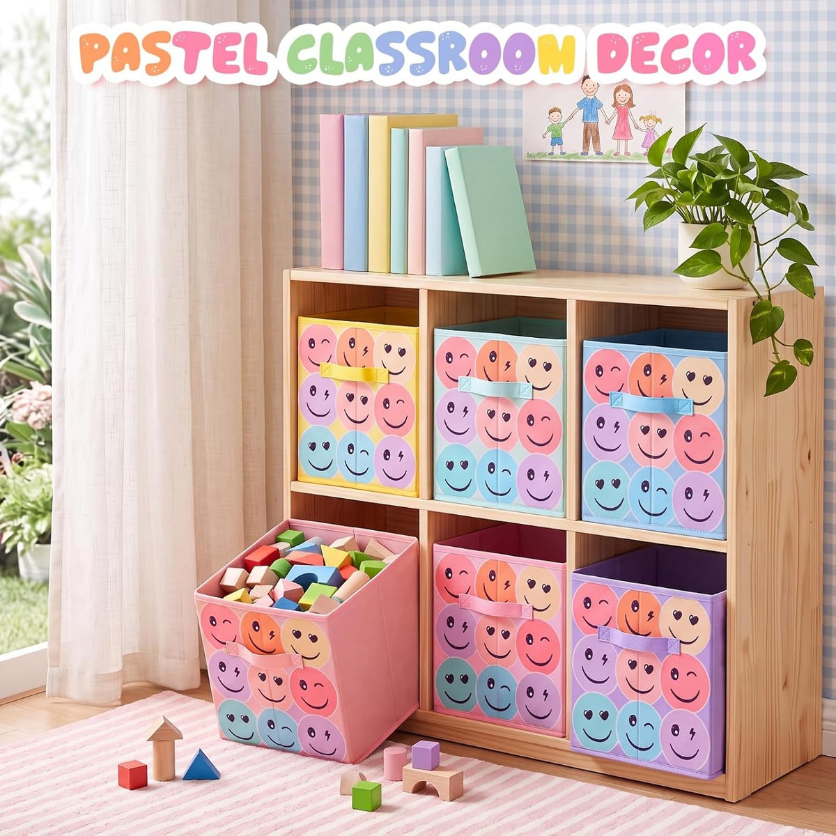 Reallnaive 6 Pcs 11 Inch Pastel Fabric Book Bins Classroom Storage Cubes