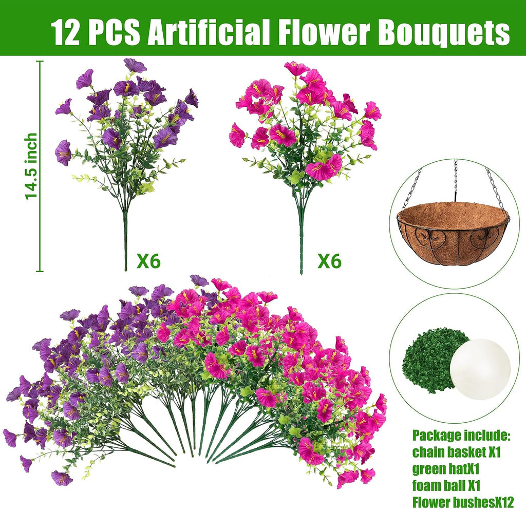 Artificial Flowers for Outdoors with Baskets Hanging Plant Faux Flowers UV Resistant Fake Silk Morning Glory with Eucalyptus for Planter Porch Garden Home Spring Summer Decoration(Fuchsia Purple)