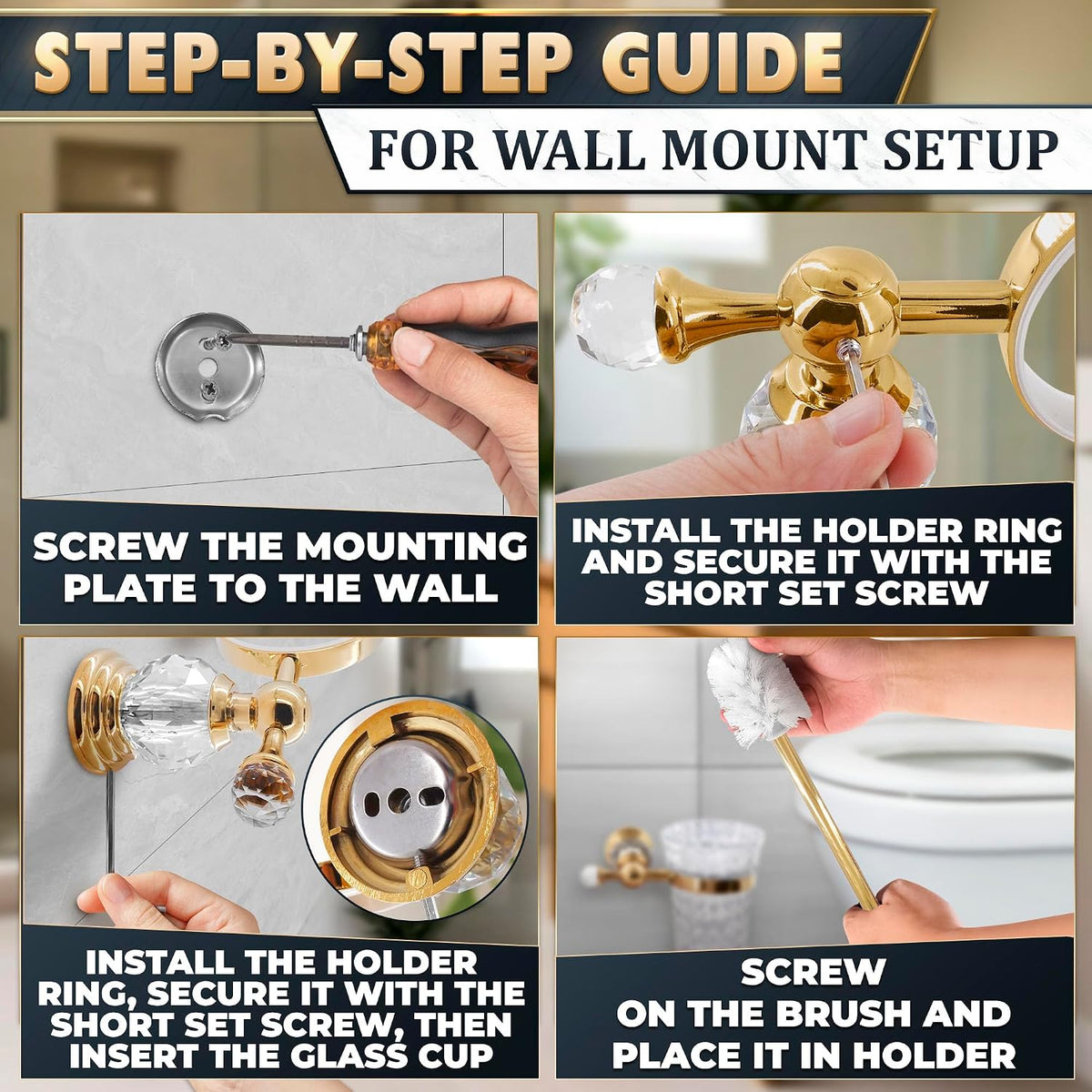 Wall Mounted Toilet Brush and Holder Set, Clear Bowl, 14 in (Gold Crystal)