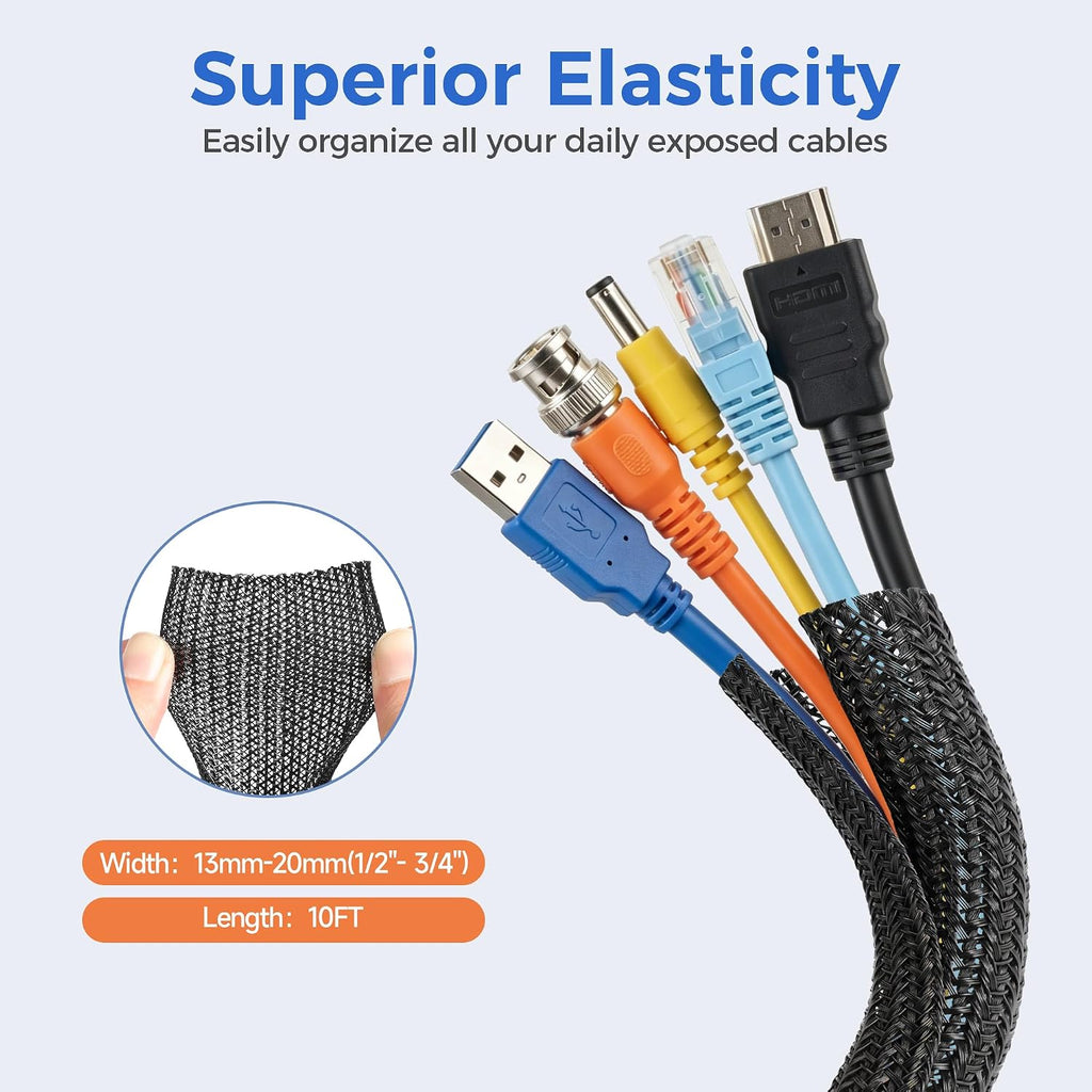 Delamu 10ft - 1/2 inch Cable Sleeve Cord Protector from Pets No Chew, Split-Braided PVC Wire Loom Tubing for Desk Computer USB TV Cord Organizer, Easy Set-up Cable Management Sleeve Kit, Black