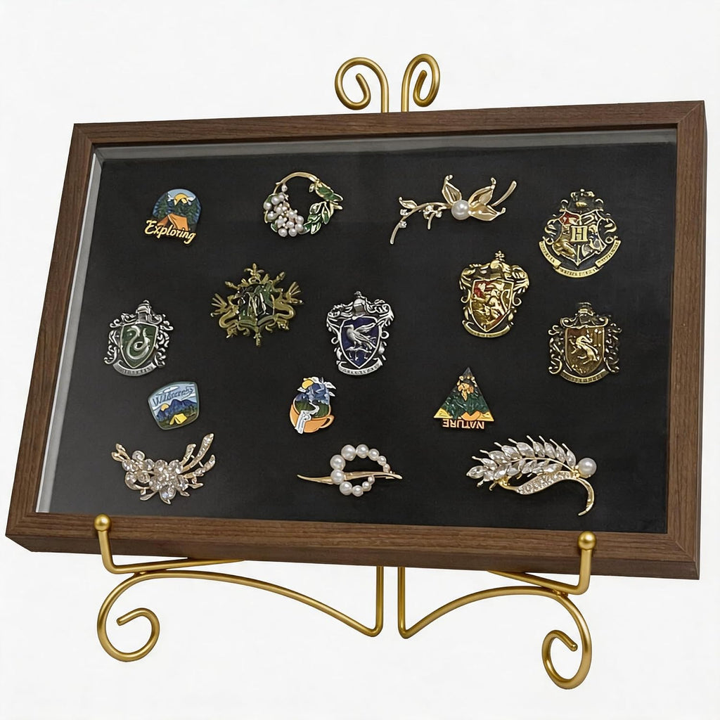 Pin Display Case with Gold Stand for Medal & Jewelry Pin Collection – Wall-Mounted or Desktop Shadow Box with Sliding Acrylic Door, 12.6 x 8.7 x 1.26 inches, Brown Wood Frame