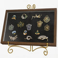 Pin Display Case with Gold Stand for Medal & Jewelry Pin Collection – Wall-Mounted or Desktop Shadow Box with Sliding Acrylic Door, 12.6 x 8.7 x 1.26 inches, Brown Wood Frame