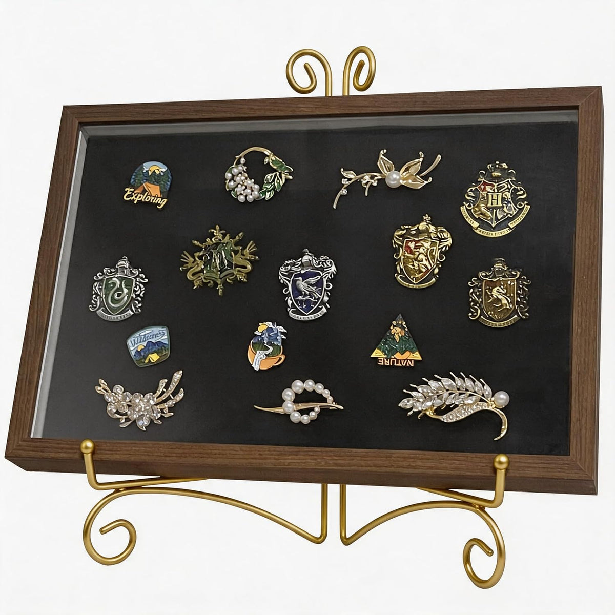Pin Display Case with Gold Stand for Medal & Jewelry Pin Collection – Wall-Mounted or Desktop Shadow Box with Sliding Acrylic Door, 12.6 x 8.7 x 1.26 inches, Brown Wood Frame