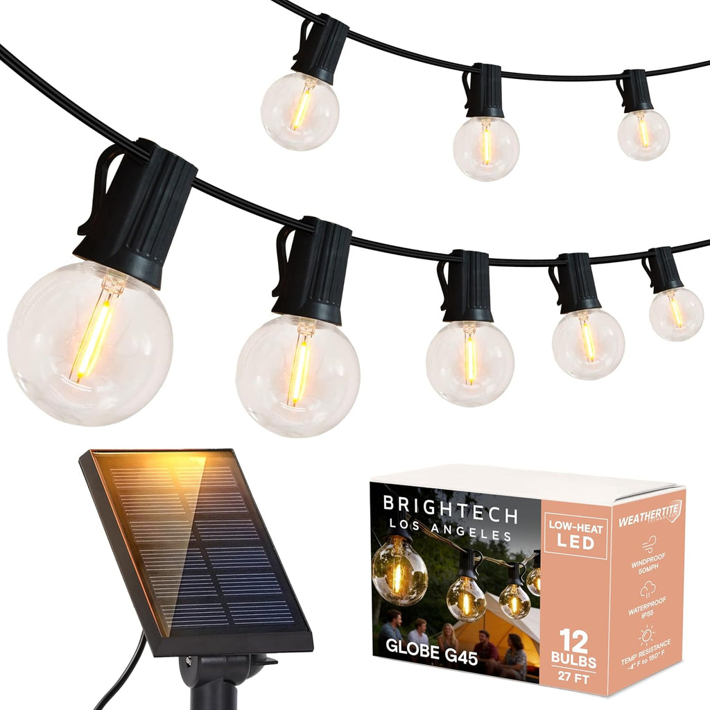 Brightech Ambience Pro Solar Powered LED Outdoor String Lights - 27 Ft Commercial Waterproof Patio Lights with Round Globe Bulbs - Durable String Lights for Outside, Backyard, Porch - 1W, Soft White