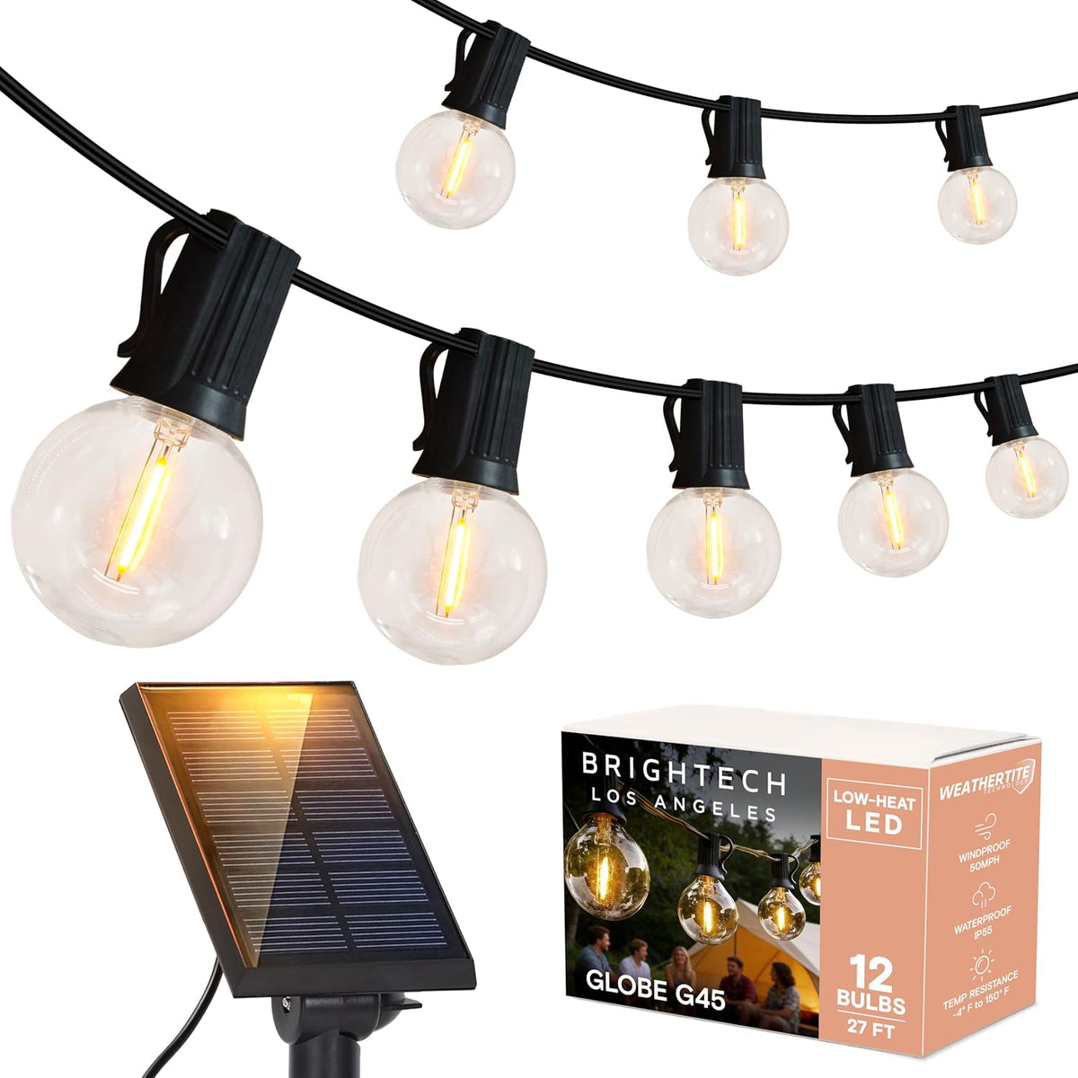 Brightech Ambience Pro Solar Powered LED Outdoor String Lights - 27 Ft Commercial Waterproof Patio Lights with Round Globe Bulbs - Durable String Lights for Outside, Backyard, Porch - 1W, Soft White