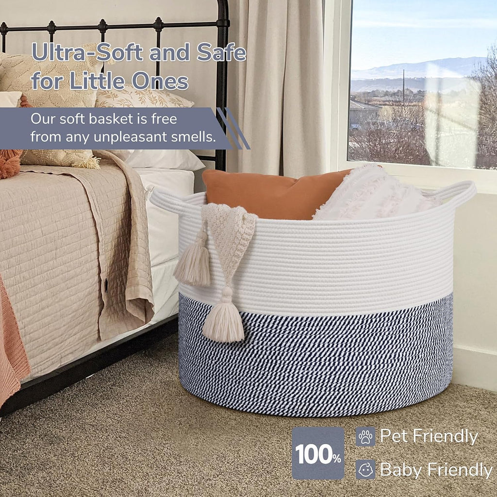 INDRESSME 115L Extra Large Woven Rope Blanket Basket Living Room, Navy