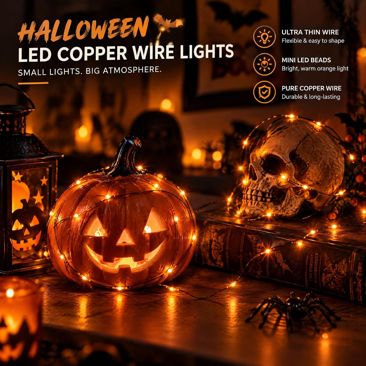 Dazzle Bright Halloween Fairy String Lights, Total 40FT 120LED Copper Wire Battery Operated Waterproof Lights, Halloween Decorations for Indoor Home Outdoor Garden Patio Yard Party Decor (Orange)