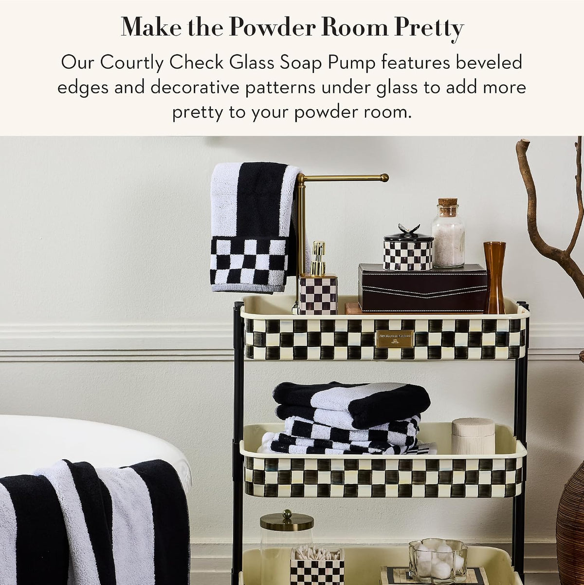 MACKENZIE-CHILDS Glass Soap Pump, Black-and-White Courtly Check