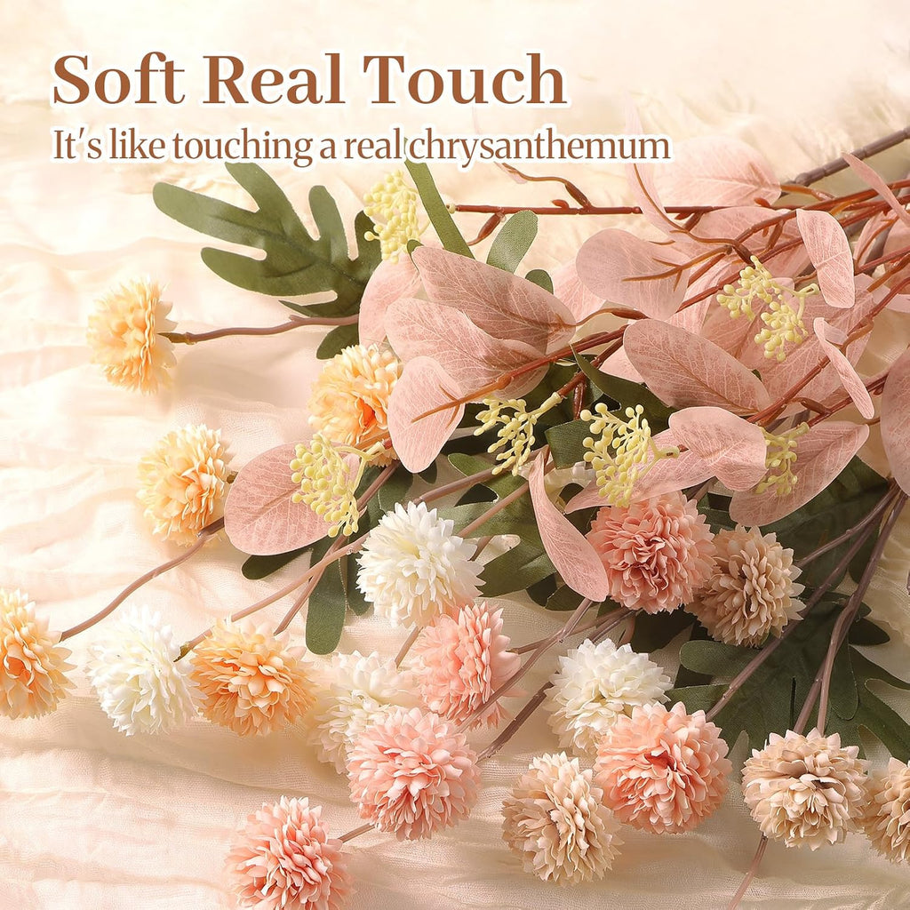 Alupssuc 16 Pcs Faux Silk Mums with Eucalyptus, Fake Chrysanthemum for Vase