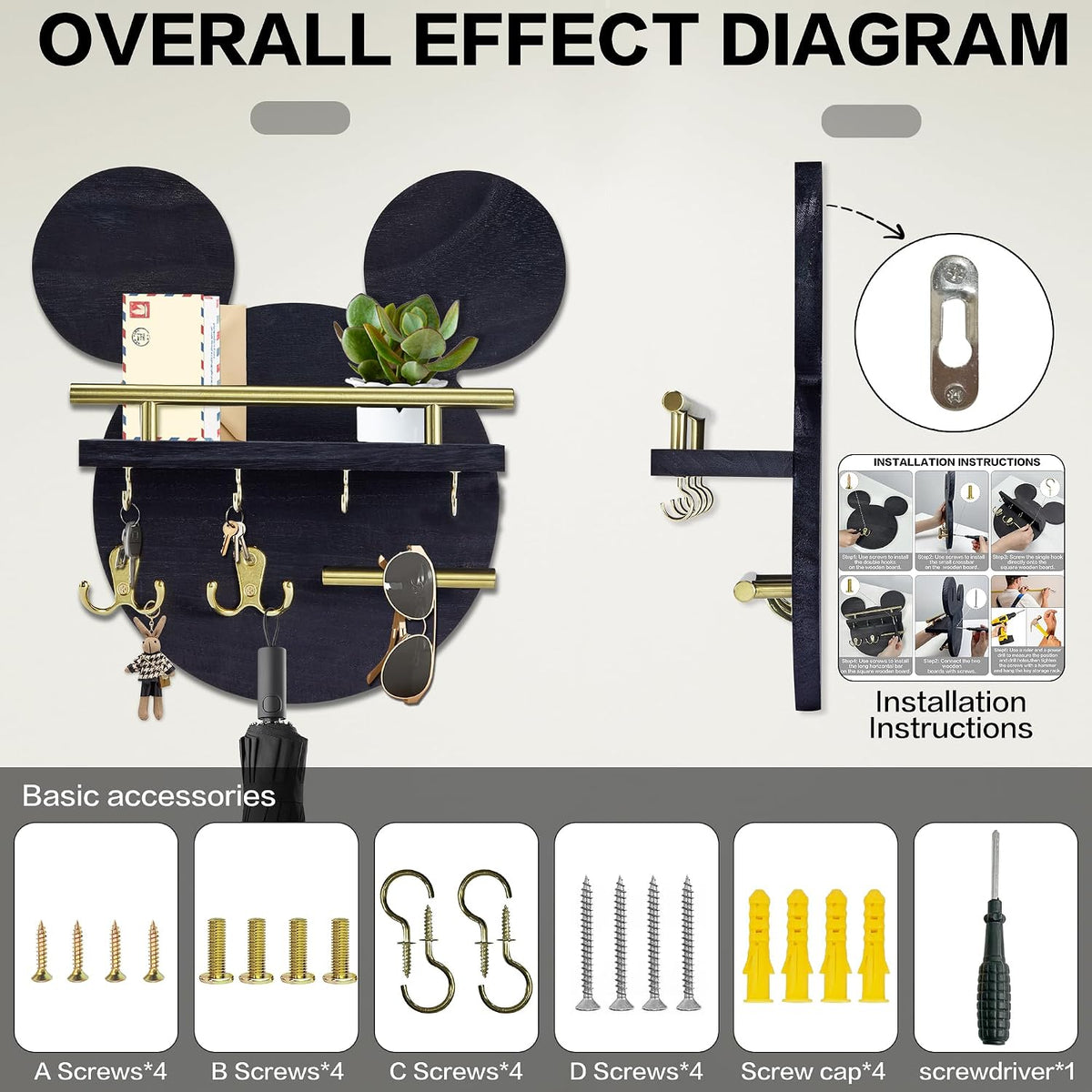AIRPOP Key Holder for Wall–Mouse Wooden Mail Organizer Wall Mount with Shelf and 6 Hooks, Easy Installation Key Rack Hanger for Entryway Living Room Home Decor (Black)