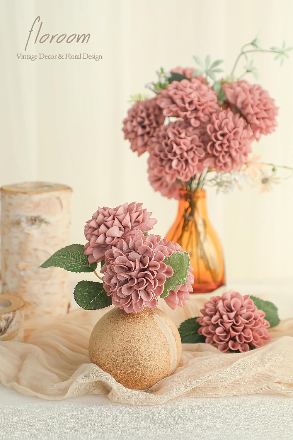 Floroom Artificial Dahlia Flowers 25pcs Real Looking Dusty Rose Foam Fake Roses with Stems for DIY Wedding Bouquets Bridal Shower Centerpieces Floral Arrangements Party Tables Home Decoration