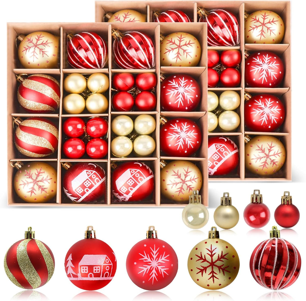 PEMOTech 88ct Christmas Tree Balls Ornaments, Colored Shatterproof Plastic Decorative Baubles, Hanging Ornament Decorations for Xmas Tree Decor Holiday Party Wedding Wreath Garlands Trees(Red & Gold)