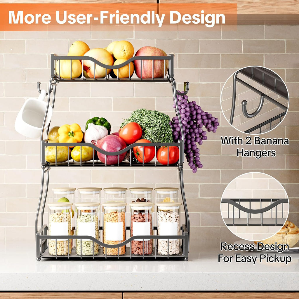 3 Tier Fruit Bowl,Fruit Basket with Banana Hangers,Black