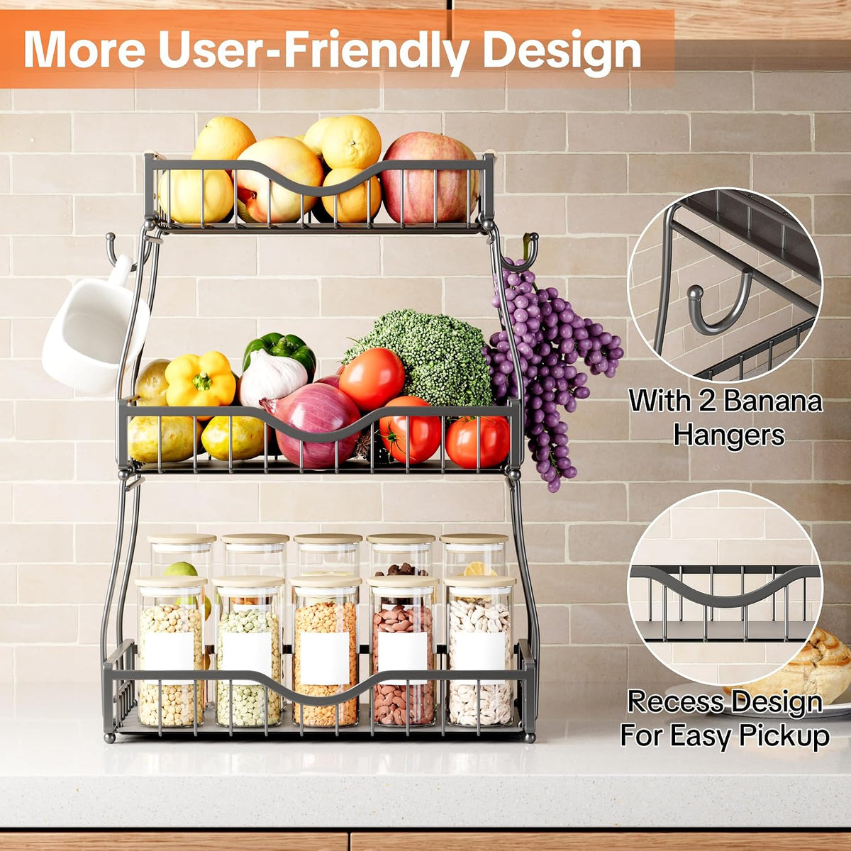 3 Tier Fruit Bowl,Fruit Basket with Banana Hangers,Black