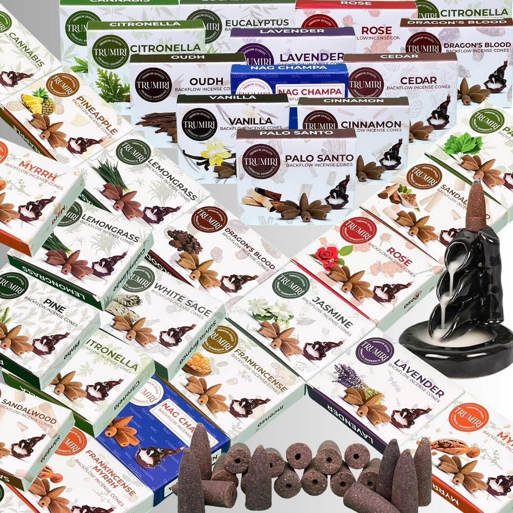 Trumiri Backflow Incense Cones for Waterfall Fountain - 6 Random Scents - Insence - Insenses - Large Long Lasting Variety Pack - Inciensos - 10 Cones per Scent - Total 60 Conos