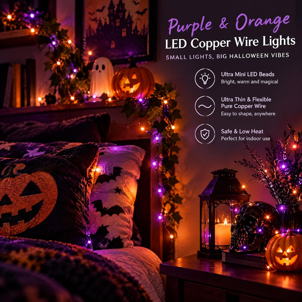 Dazzle Bright Purple and Orange Halloween Fairy String Lights, 4 Pack Total 80FT 240LED Copper Wire Battery Operated Waterproof Lights, Halloween Decorations for Indoor Home Patio Yard Party Decor