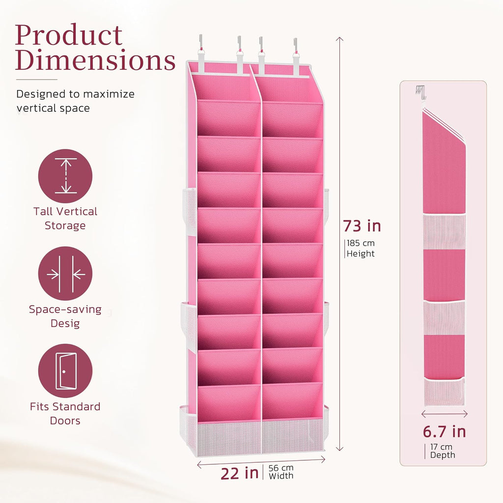Criusia Over the Door Shoe Organizer, 20-30 Pairs Heavy-Duty Hanging Shoe Storage with Large Pockets, 10-Tier Door Shoe Rack with 4 Hooks for Sneakers Sandals Heels Boots (Pink)