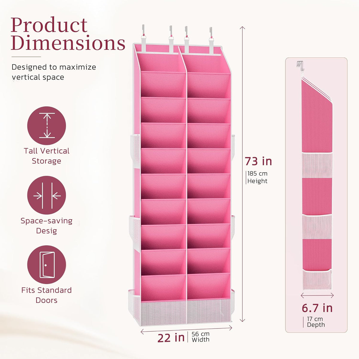 Criusia Over the Door Shoe Organizer, 20-30 Pairs Heavy-Duty Hanging Shoe Storage with Large Pockets, 10-Tier Door Shoe Rack with 4 Hooks for Sneakers Sandals Heels Boots (Pink)