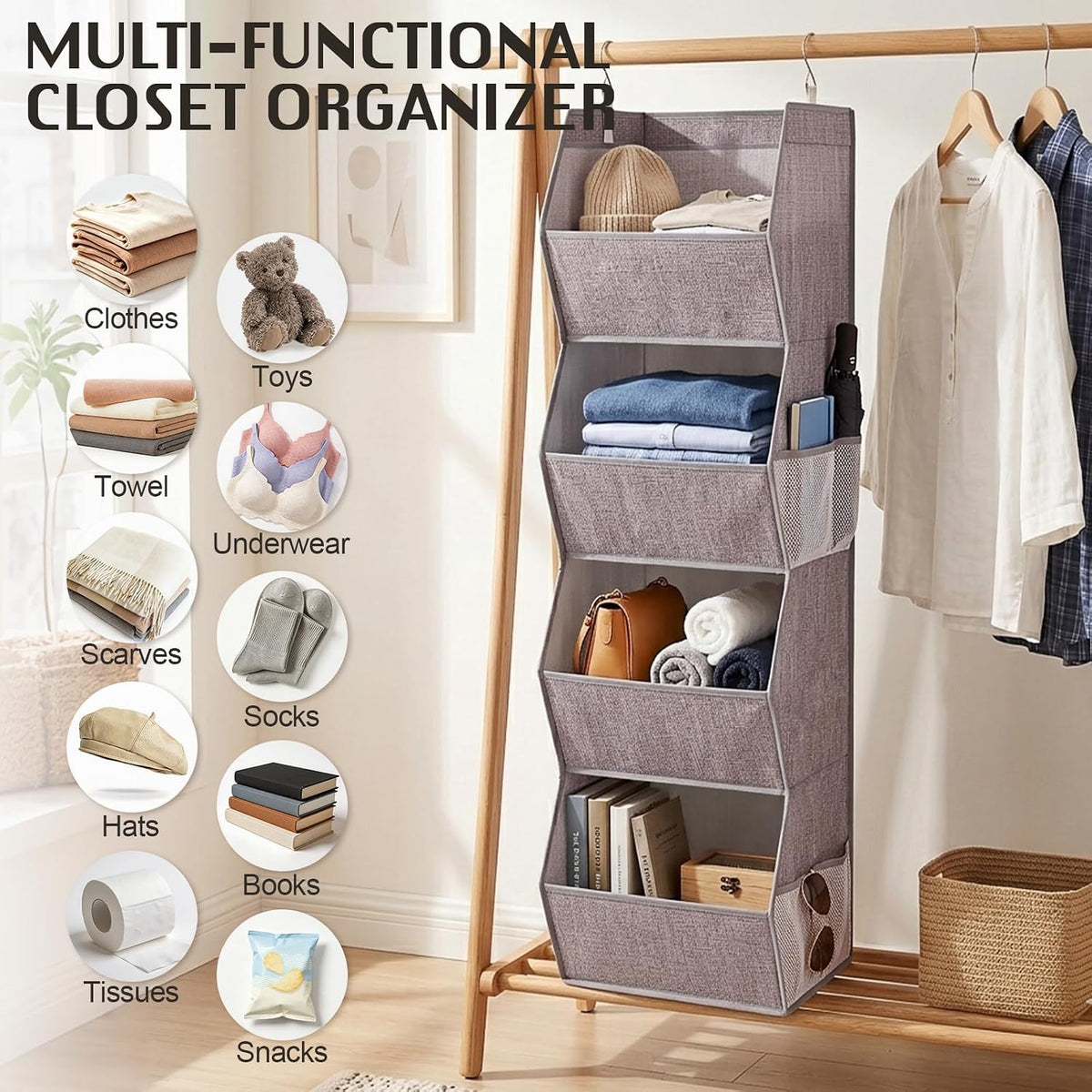 4-Shelf Hanging Closet Organizer, Wide Trapezoid Hanging Shelves with Side Mesh Pockets, Space-Saving Closet Storage Collapsible Fabric Storage Bins for Wardrobe, Heather Grey