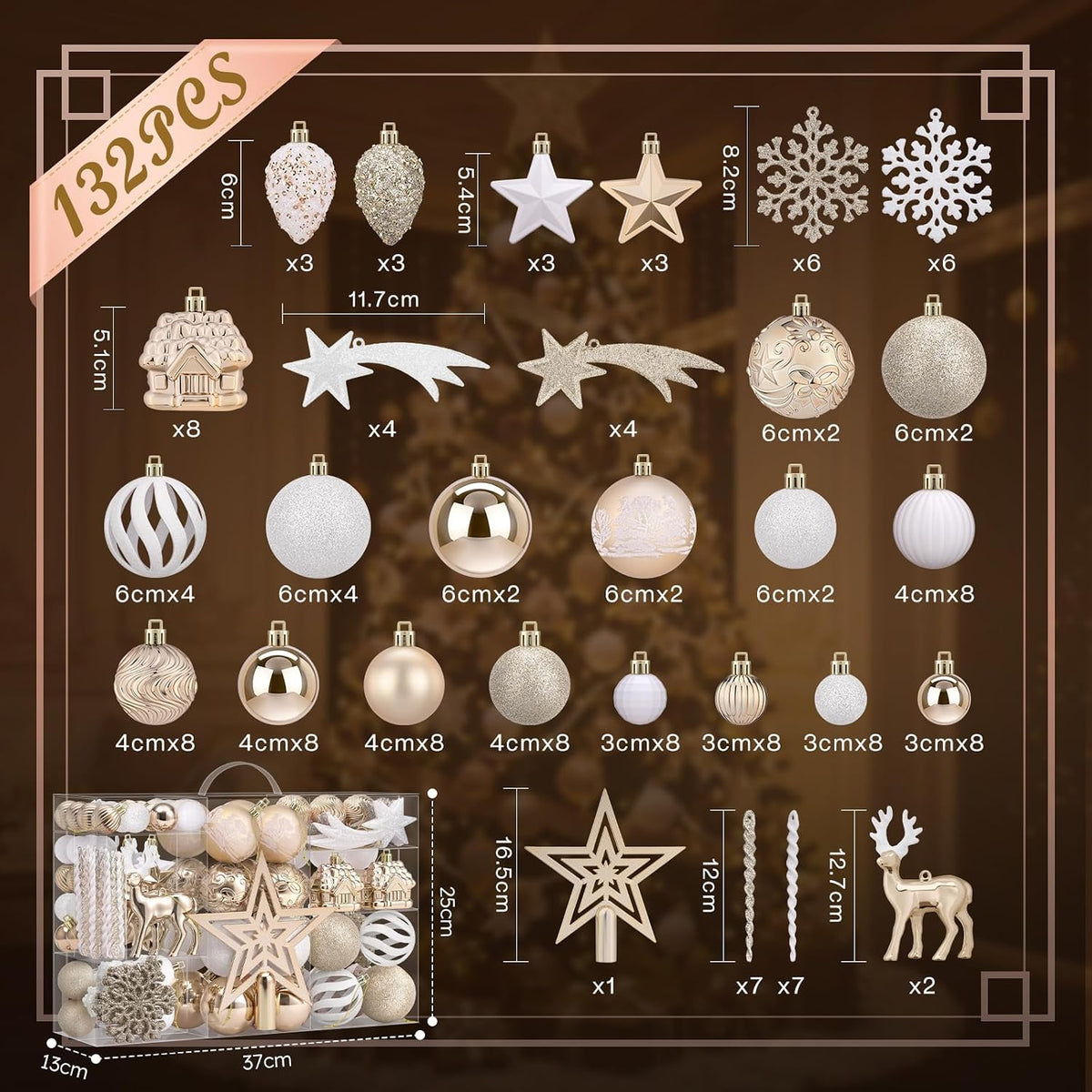 SOLEDI 132pcs Christmas Tree Ornaments Set, 2026 Christmas Tree Decorations