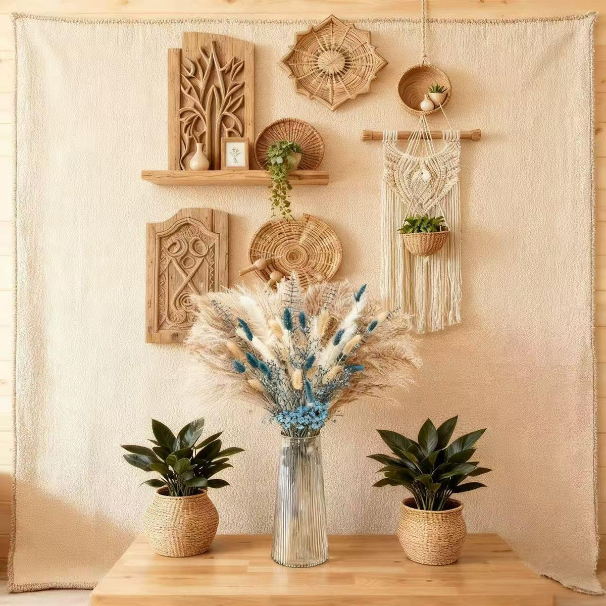 Real Blue Boho Decor Pampas Grass and Babys Breath, Eucalyptus Bouquet
