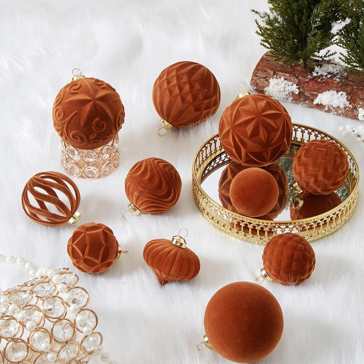 30pcs Velvet Christmas Ball Ornaments, Flocked Shatterproof Christmas Ornaments Hanging Xmas Tree Decorations Set for Home Party Holiday Decor (Multi-Size, Orange)