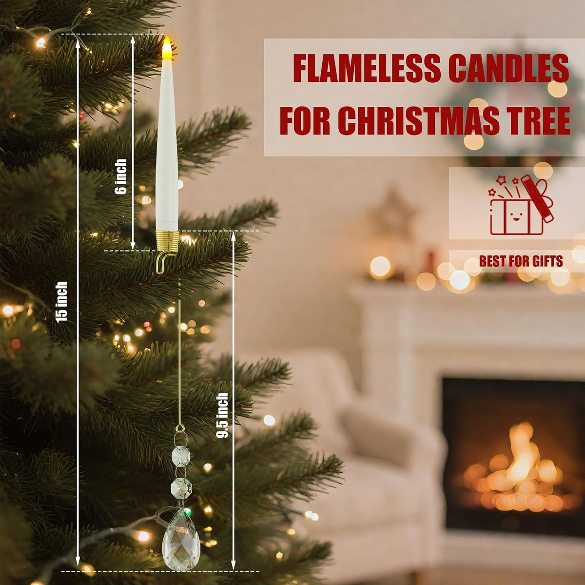 Christmas Tree Candles Battery Operated with Remote, Clip on Candles with Clear Waterdrop Ornaments & Hooks for XMAS Tree, Flickering LED Candlesticks for Winter New Year Home Party Decor, 10 Pcs