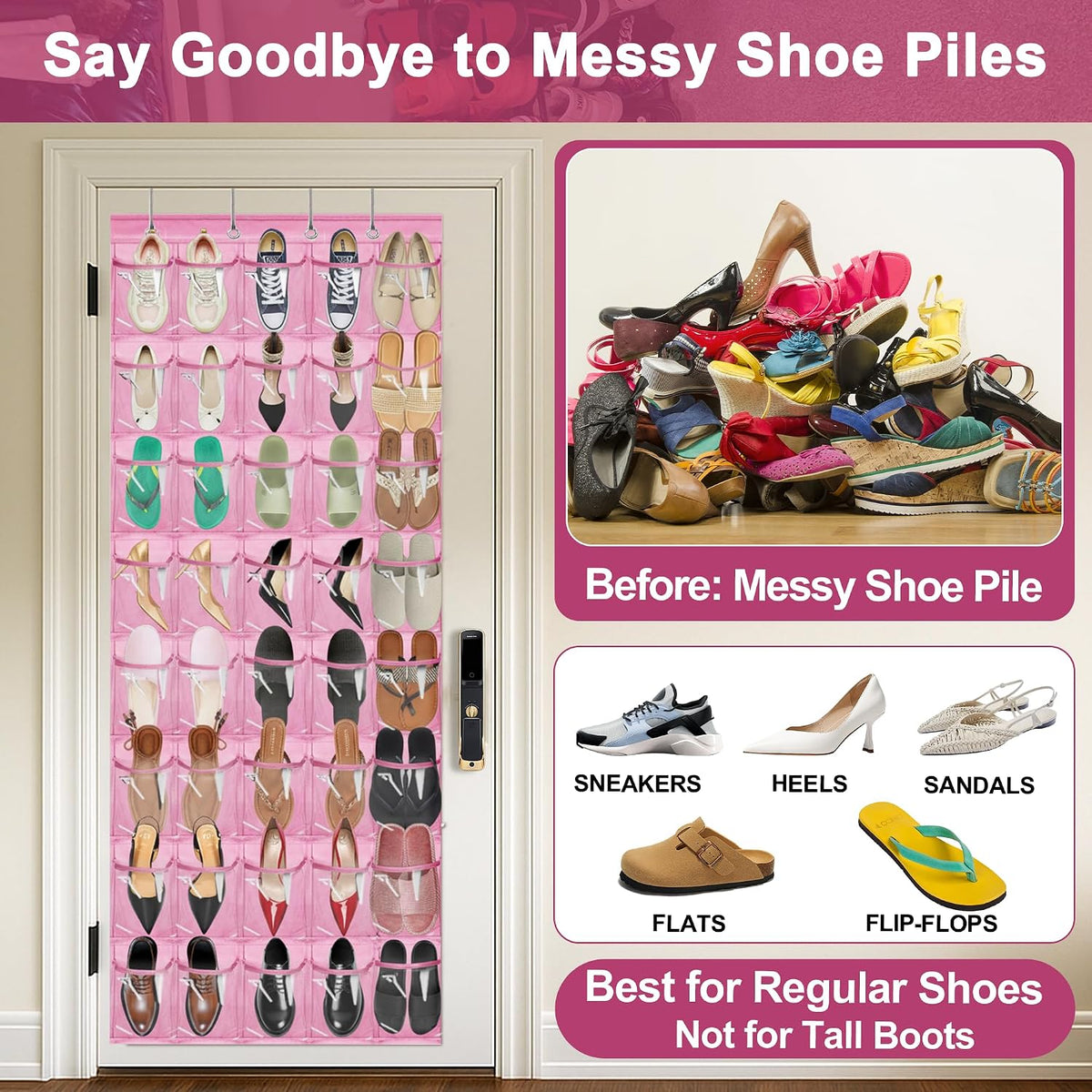 Over the Door Shoe Organizer with 40 Clear PVC Pockets – Waterproof Hanging Shoe Holder for Closet & Bathroom – Space-Saving Door Shoe Rack for Shoes, Toys, Toiletries & Snacks(Pink)