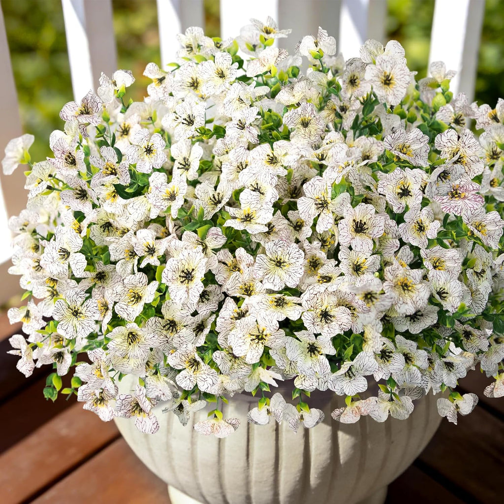 12 Bundles Artificial Flowers for Outdoors, Fake Silk Plastic Flowers for Outside, UV Resistant Faux Plants for Outside Garden Porch Window Home Planters Decoration (White)