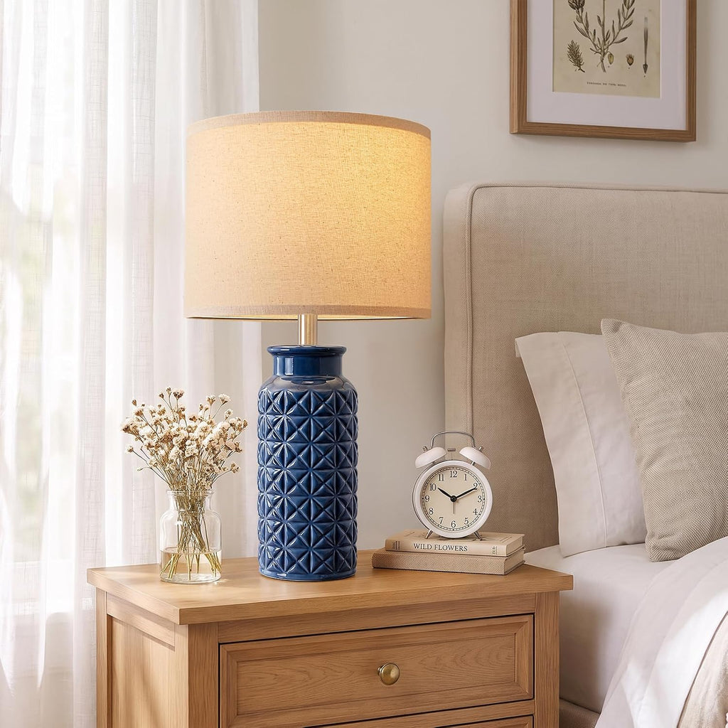 Innqoo 22.6" Modern Ceramic Bedside Lamps Set of 2, Lamps for Bedroom,Blue