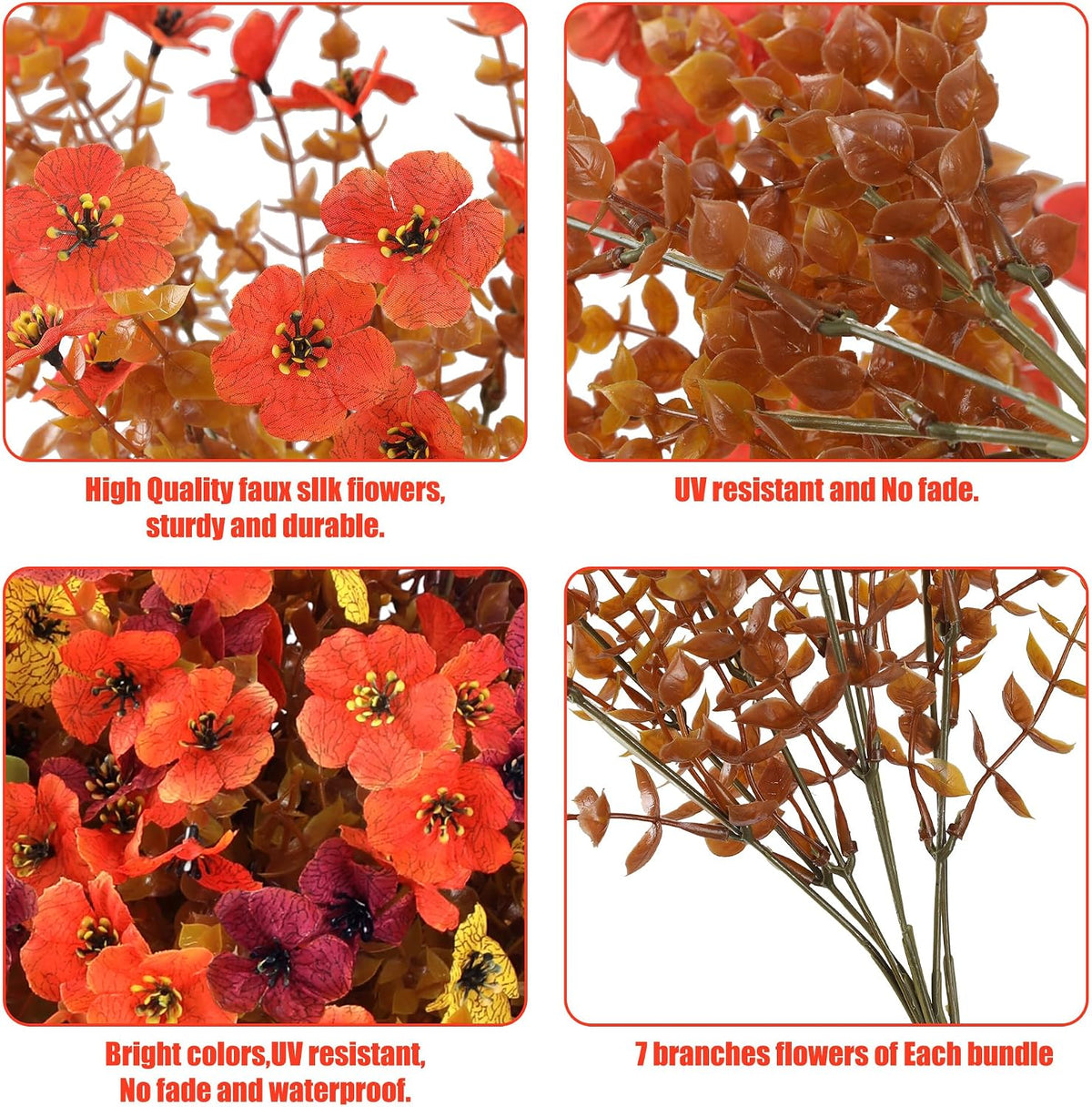 Sggvecsy Artificial Flowers for Outdoors 12 Bundles Realistic Faux Plants Fake Silk UV Resistant Flower for Boxwood Planter Patio Porch Outside Decoration(Orange Yellow Burgundy)