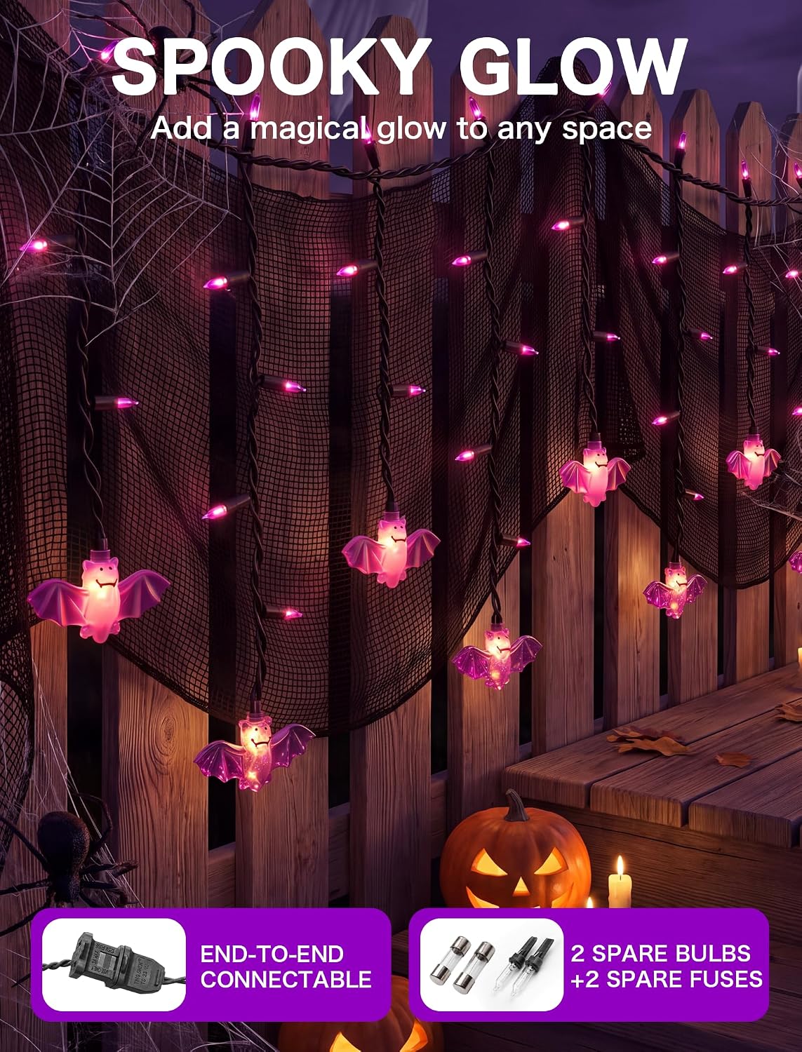SUNSGNE Halloween Bat Curtain Lights, 7FT 50 LED Purple Window Decor
