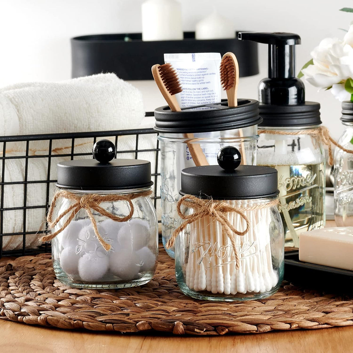 SheeChung 2 Pack Glass Mason Jar Qtip Holder, Black Stainless Steel Lids