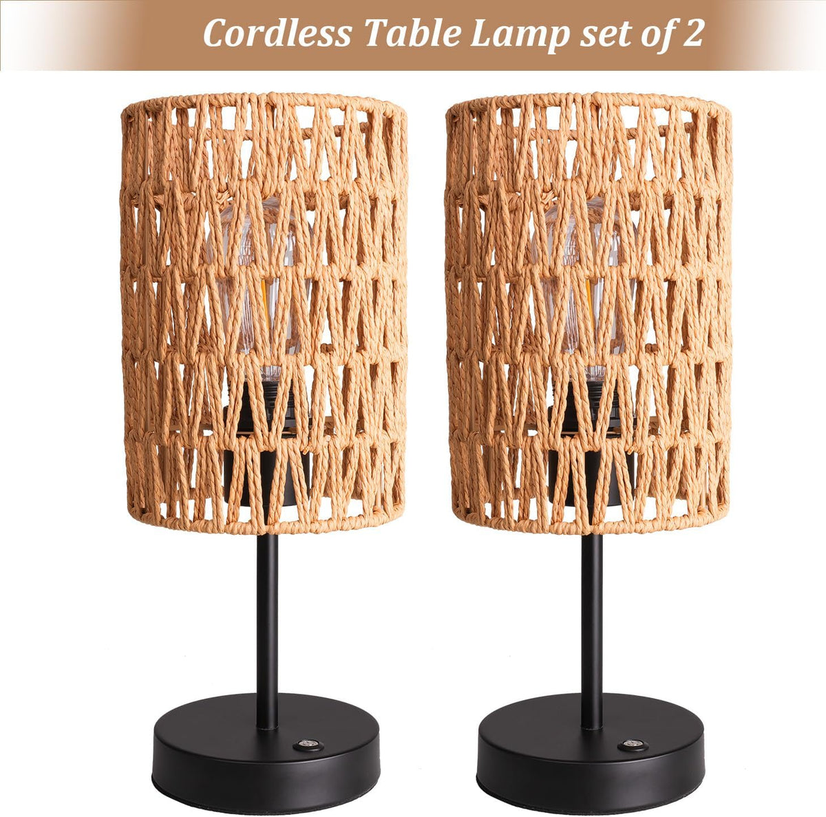 Rechargeable Outdoor Table Lamps, Rattan Boho Cordless Battery Operated Table Lamps, Patio Lamp for Living Room, Balcony, Bedside Decor- Set of 2 (Beige)