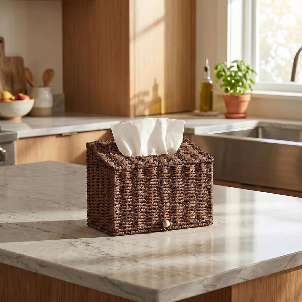 PINXIURY Hand Towel Box Cover,Paper Rope Wicker Tissue Holder for Kleenex Hand Towels,Hand Towel Holder,Slant-Top Paper Rope Tissue Box for Bathroom,Kitchen and Bedroom, Coffee