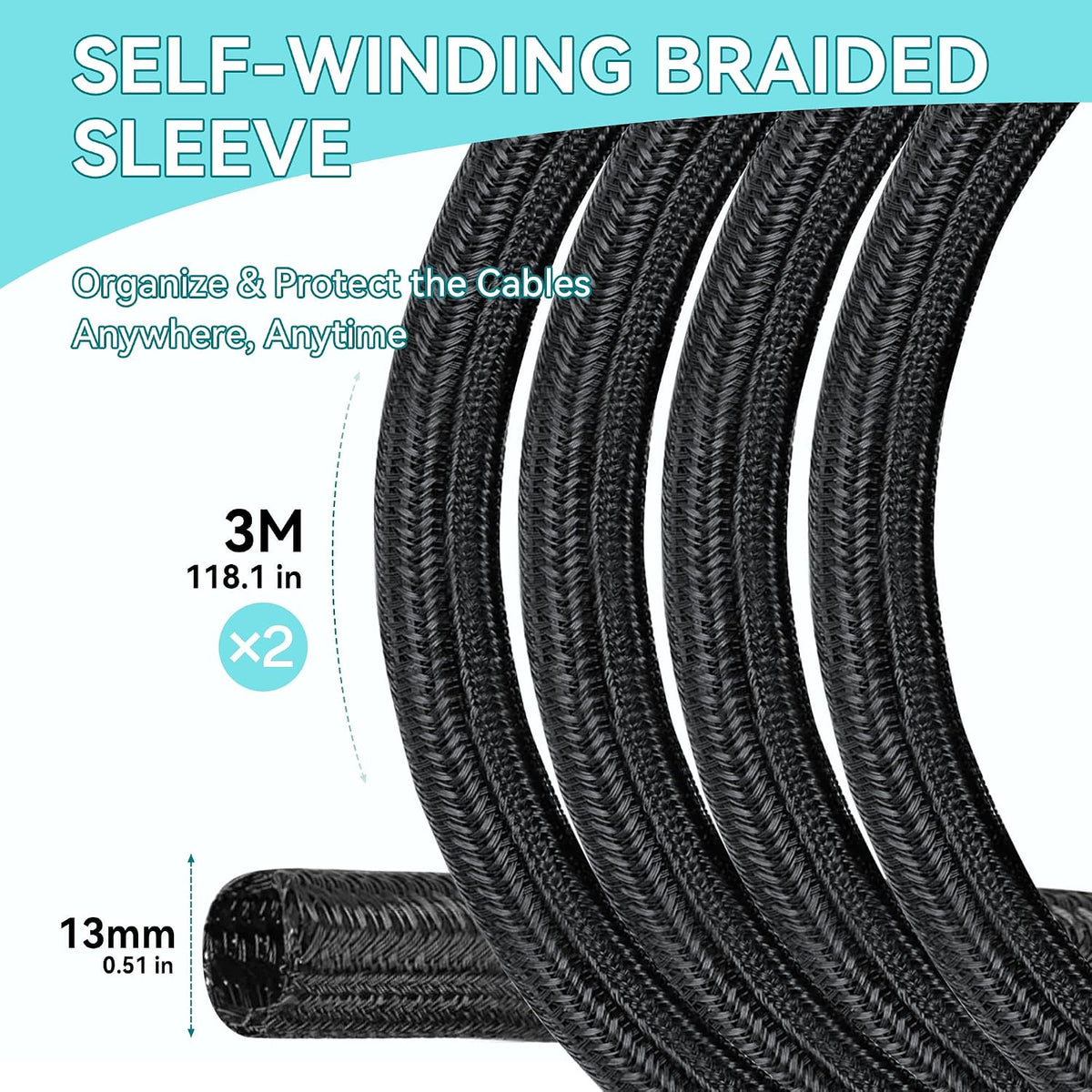 2 Pieces YuanPals 13mm-3m Cable Sleeve, Self-Closing Black for PC/TV, Woven Cable Sheath, Cable Management for Home, Office (Pack of 2)